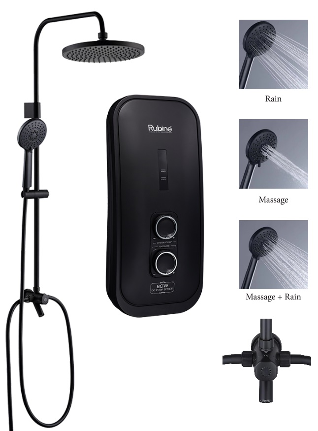 RUBINE Instant Water Heater With Rain Shower Column - RWH-3388BHP - Full Black